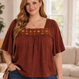 Madewell Square Neck Embroidered Peasant Blouse Rust Short Sleeve Women's M